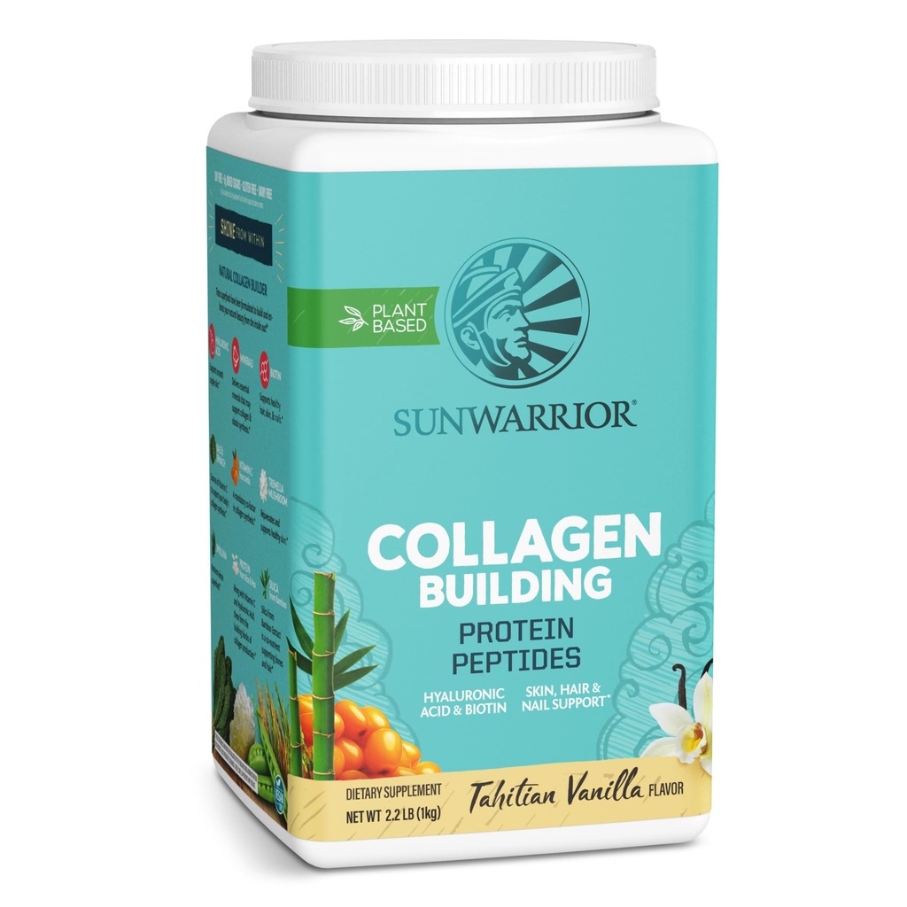 Sunwarrior Collagen Peptide Building Powder | Vegan Collagen für Frauen Pflanzenbasiertes Proteinpulver | Hyaluronsäure, Biotin, Silica, Vitamin C für Haar Haut und Nägel | 40 Servierungen, Vanille Flavored
