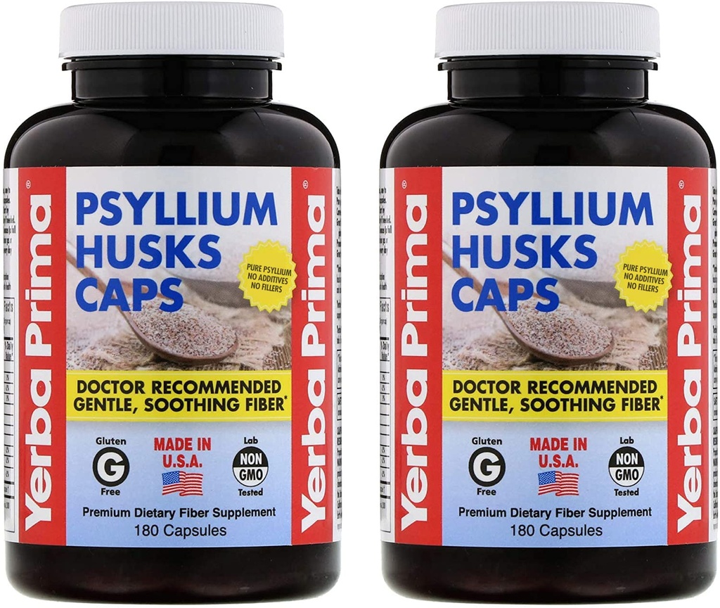 Yerba Prima Psyllium Husks Caps 180 caps (Pack von 2) - Natural Fiber Supplement und Colon Cleanse - Gut Health - Non-GMO Gluten Free