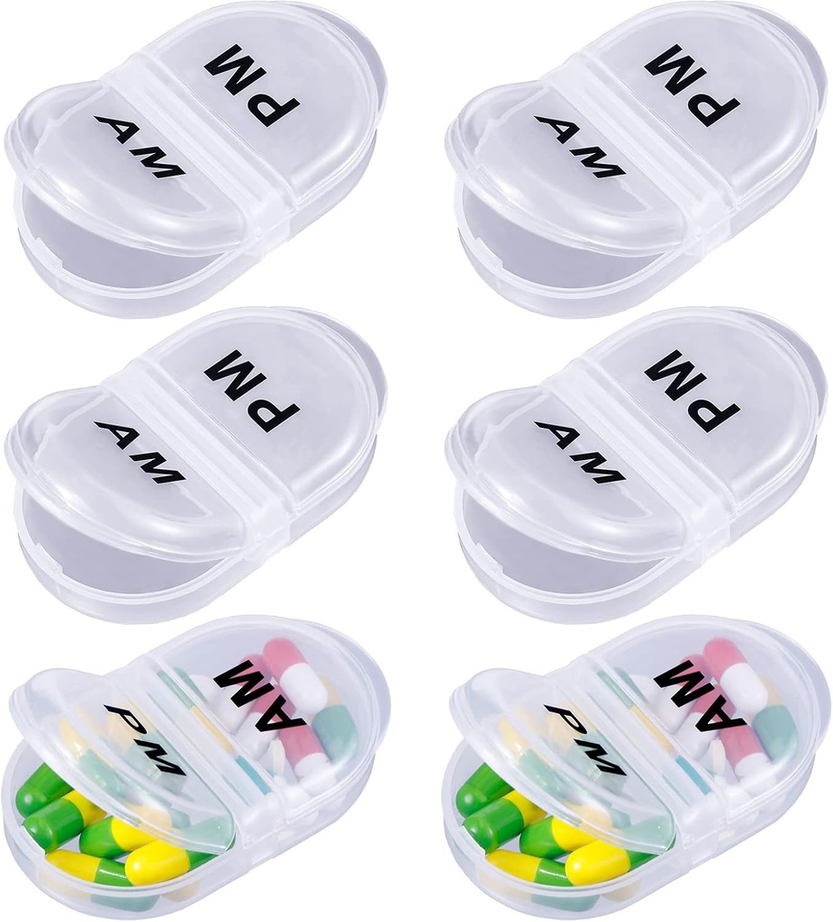 6 Pack Pill Organizer Pocket Small Case Holder Am Pm Pill Case Portable Two Compartment Round Travel 2 volte al giorno per il supplemento di medicina della vitamina (clear)