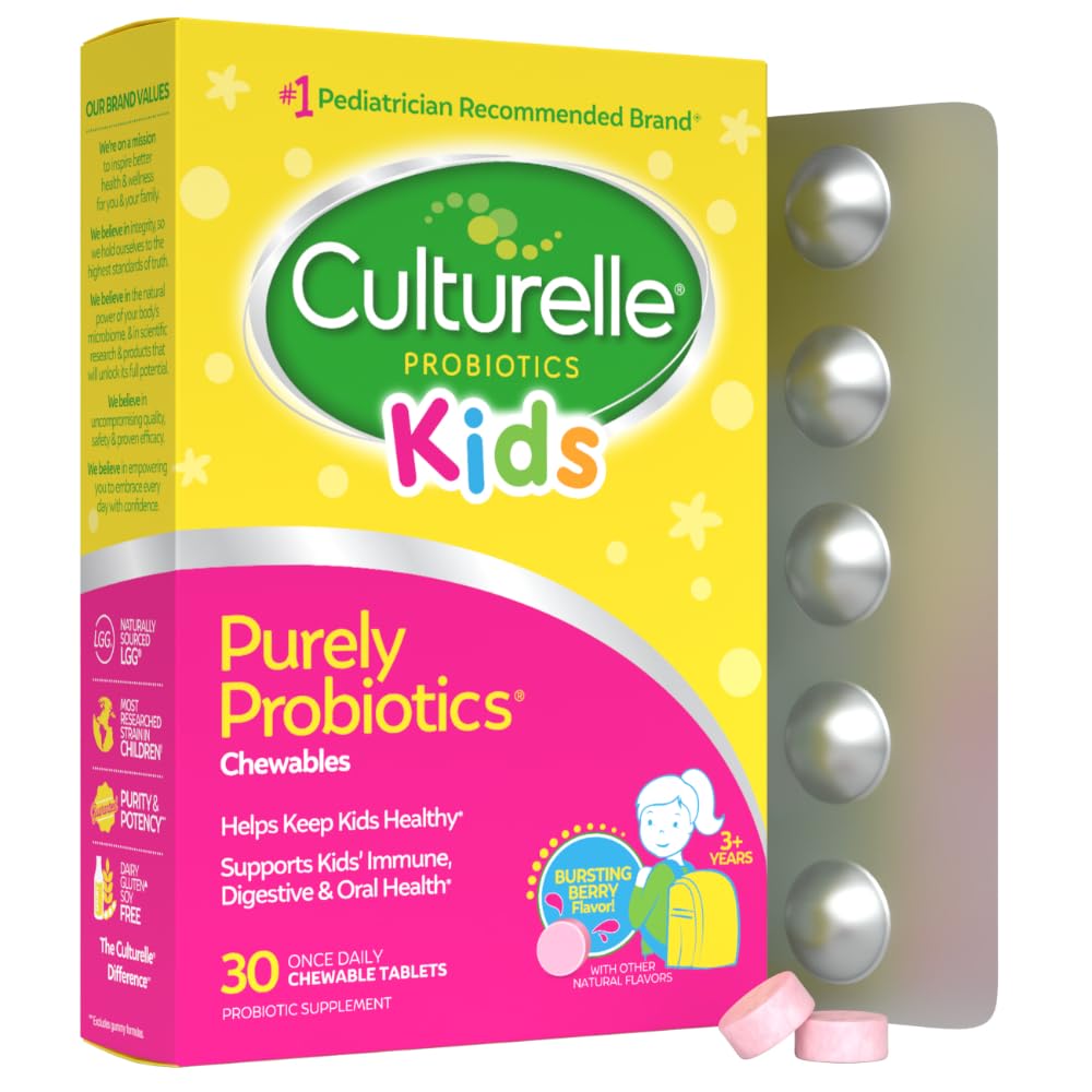 Culturelle Kids Kaubare Tägliche Probiotika für Kinder, Alter 3+, 30 Count, # 1 Kinderarzt-empfohlene Marke, Natural Berry Aromatisierte Tägliche Probiotika für Verdauungsgesundheit, Mundpflege & Immununterstützung
