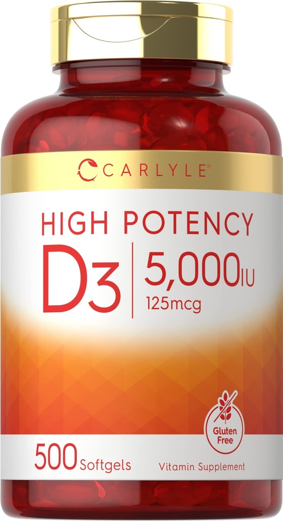 Carlyle Vitamine D3 5000 UI Softgels (en anglais seulement) 500 Nombre Taille de la valeur (en anglais seulement) Supplément sans OGM et sans gluten (en anglais seulement)