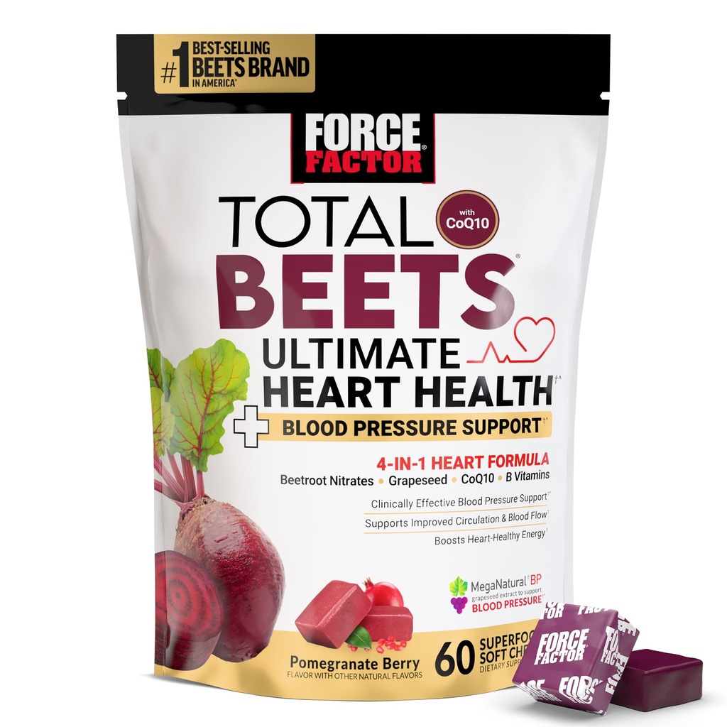 FACTEUR DE FORCE Betteraves totales Santé du coeur Ultimate Chews for Blood Pressure Support, avec poudre de betterave, CoQ10, B Vitamines et extrait de graines de raisin pour le flux sanguin et l'énergie, grenade Berry, 60 Chews doux