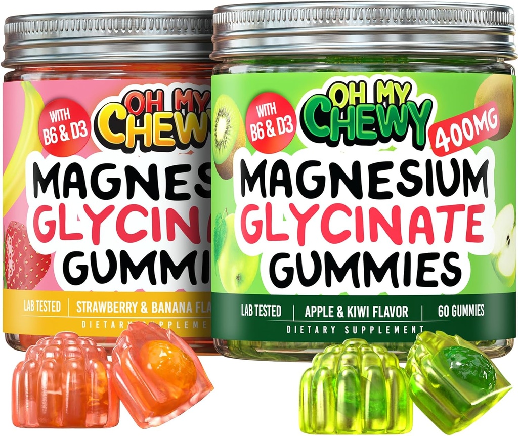 Magnesio Gummies Bundle – 2 bottiglie (60 ciascuno) – Fragola Banana & Apple Kiwi