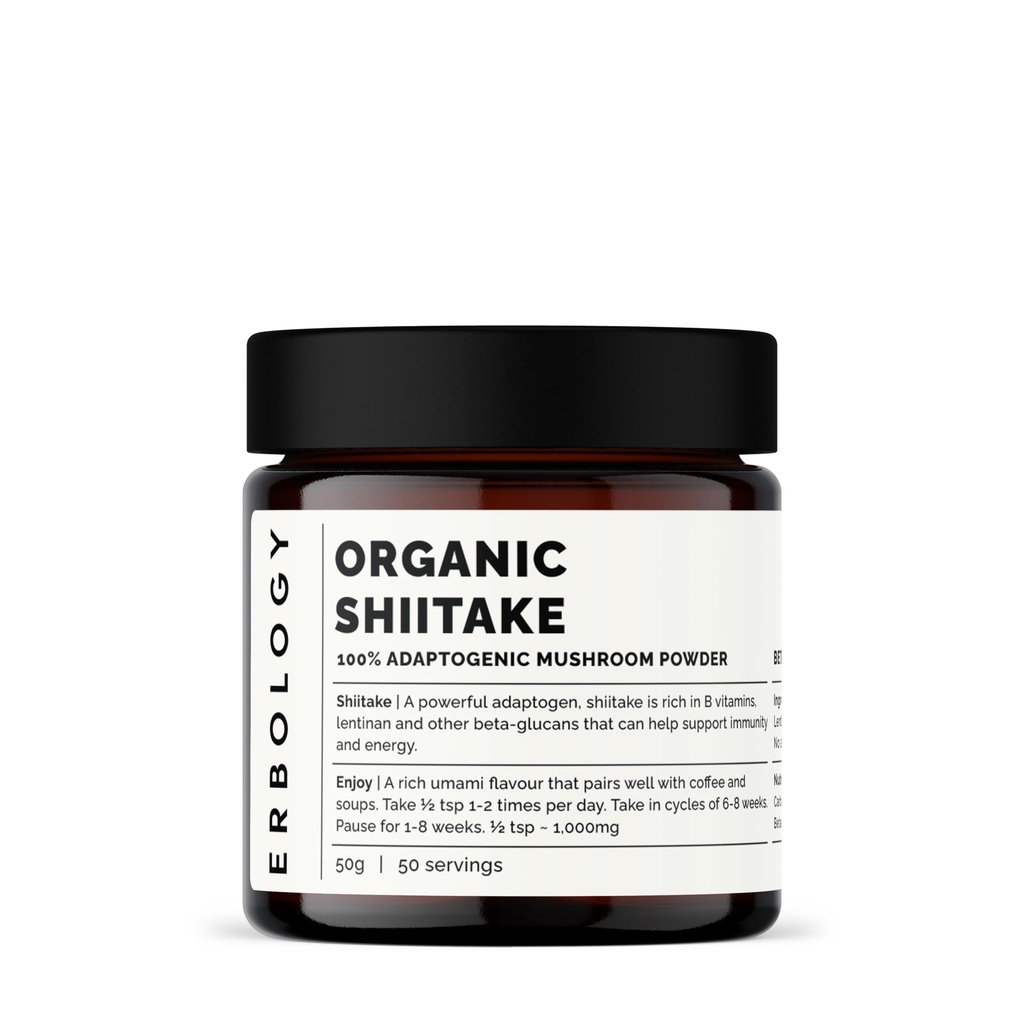 Erbologie Organische Shiitake Pilzpulver 50 Servierungen - 11% Beta-Glucans - Immunität und Energie - Lentinula edodes - Small Batch - Sustainable Grown in Europe - Vegan - Non-GMO - No Added Fillers