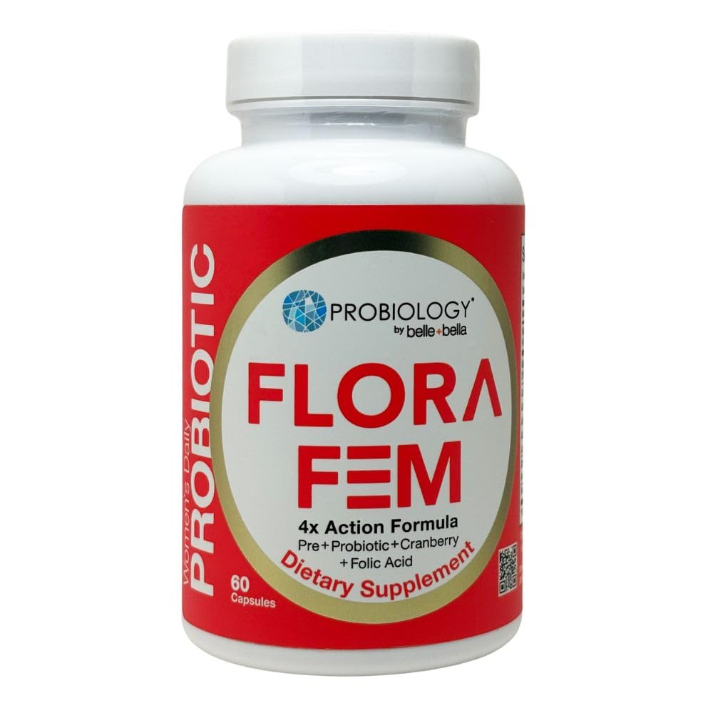 Belle+Bella Probiologia Flora Fem - Probiotici giornalieri per le donne - 4X Azione Prebiotico + Probiotico + Cranberry + Acido Folico per Digestivo, Tratto urinario, Salute riproduttiva e vaginale - 60 Caps