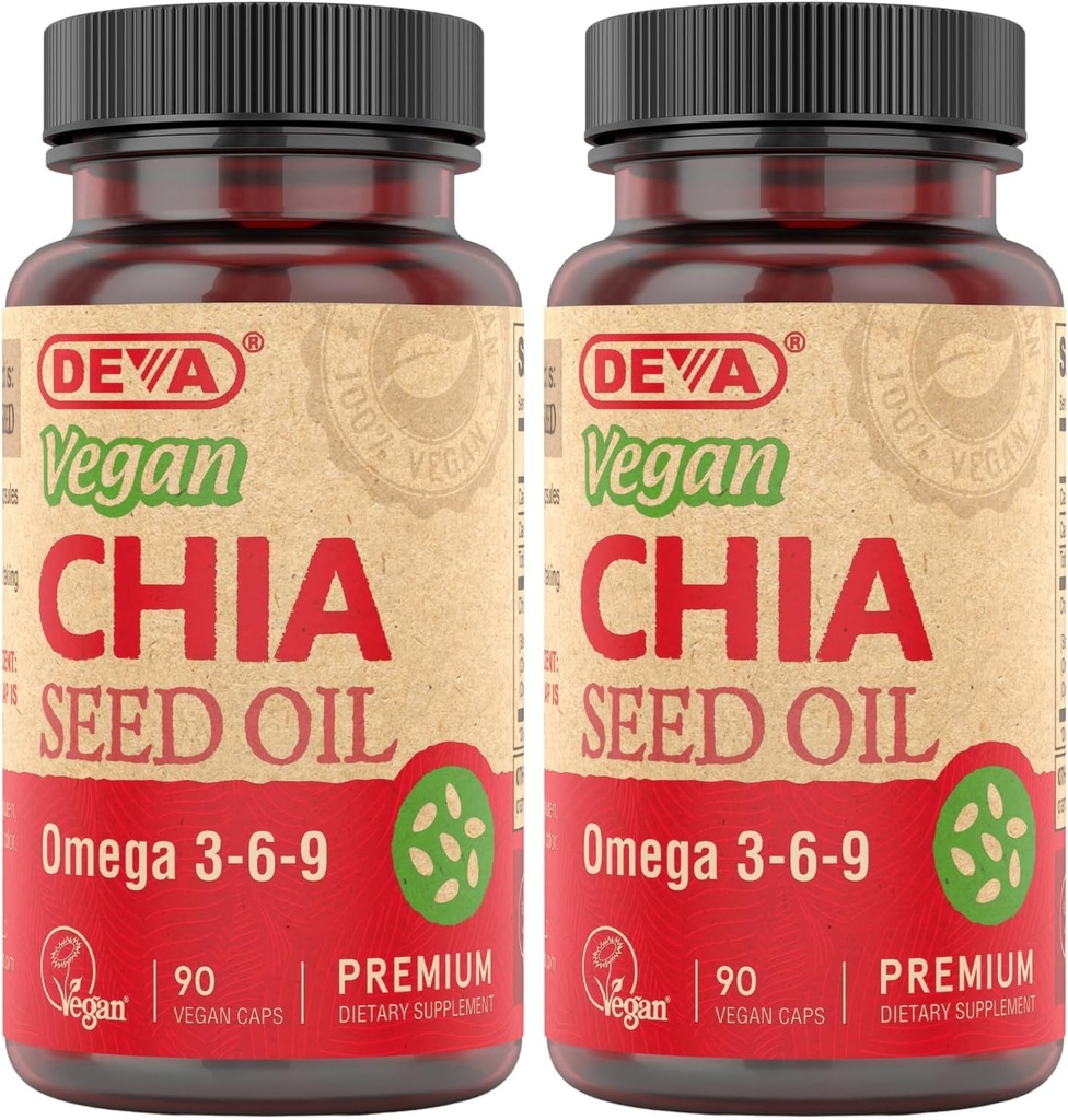 DEVA Vegan Vitamins Chia Seed olio, imballato con Omega 3, 6, 9 & altri acidi grassi essenziali, freddo-pressed & non raffinato, 90 capsule, (pacchetto di 2)