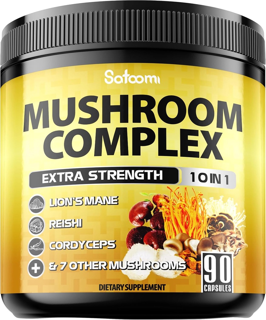 Satoomi 10in1 Mushroom Supplement Complex - Lions Mane, Cordyceps, Reishi, Chaga e 6 Più - Integratori cerebrali per Memoria & Focus - 90 Conte - 3 Mesi di alimentazione