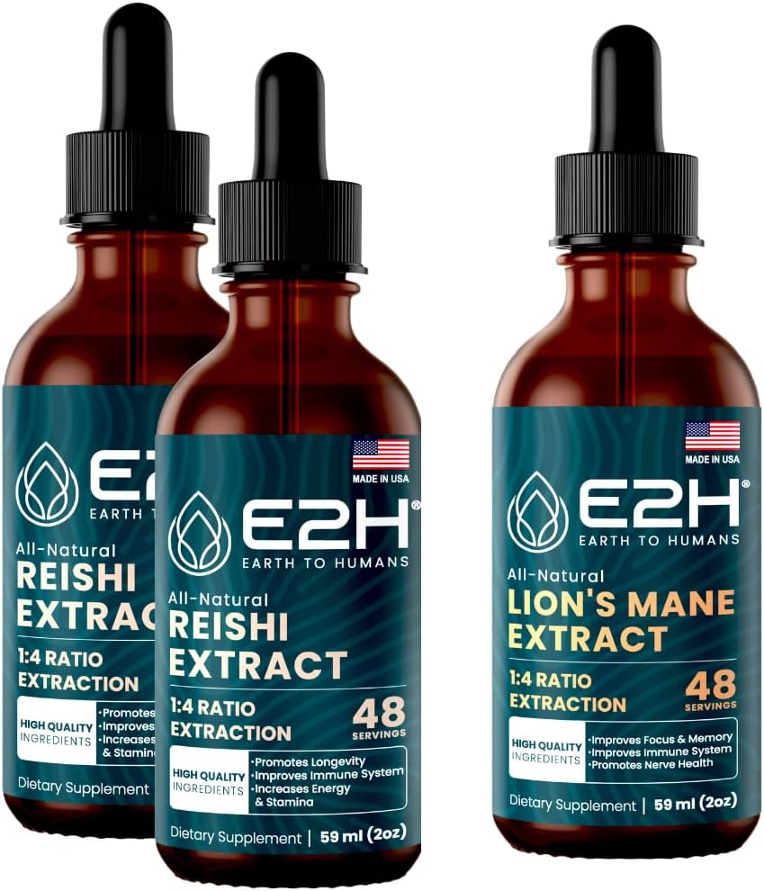 E2H: Reishi (2 Pack) & Lion's Mane Extracts - Energie, Langlebigkeit, Kognitive Schärfe, Immunität - Non-GMO, Vegan - 2 Fl Oz Jeder (6 Fl Oz Total) - Bundle