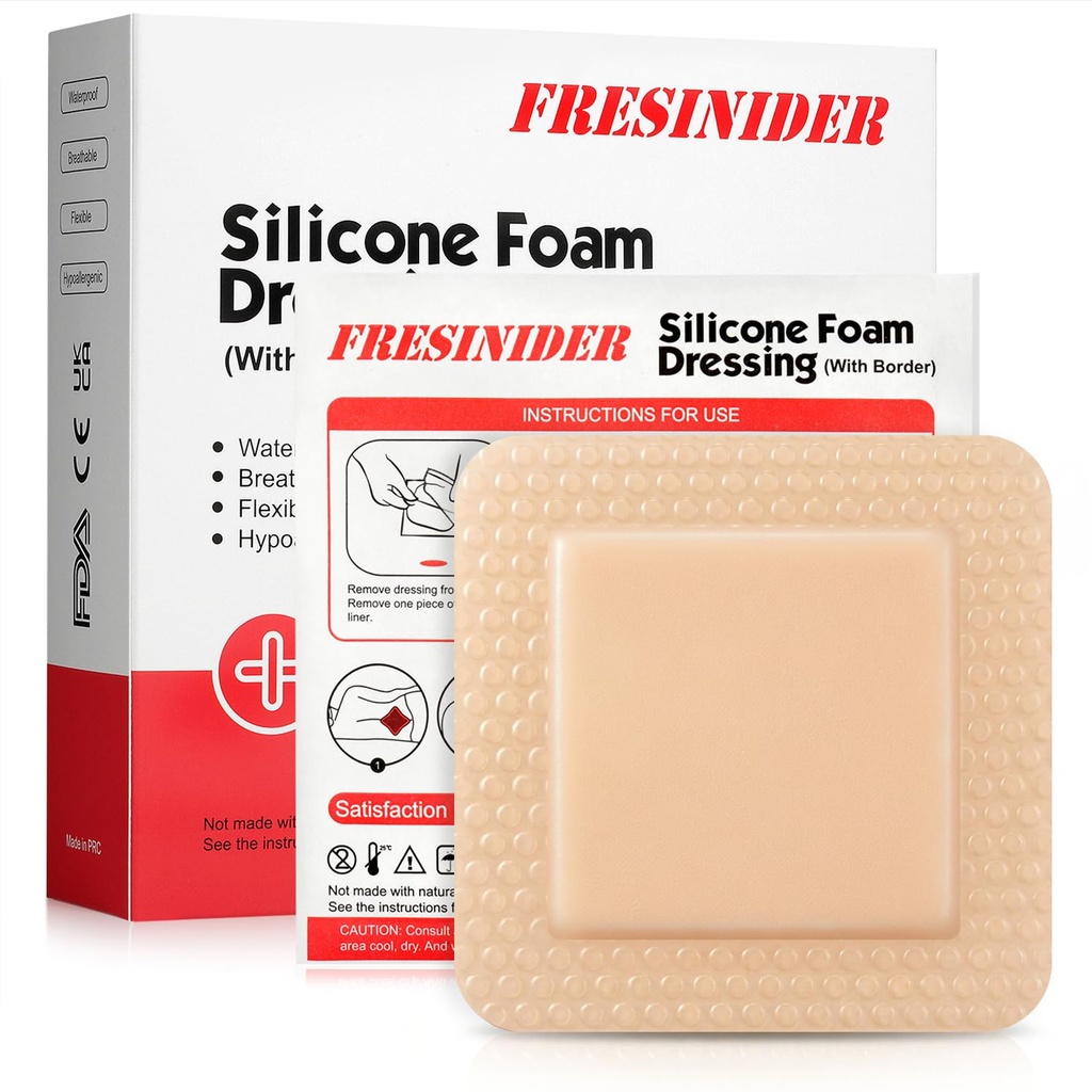 FRESINIDER Silicone Foam Dressing con bordo adesivo – Wound Dressing Bandage – Silicone Foam Pad – Confezione da 10 – 4 x 4 pollici Grandi Bandaggi impermeabili – Self Adhesive Wound Care and Dressings