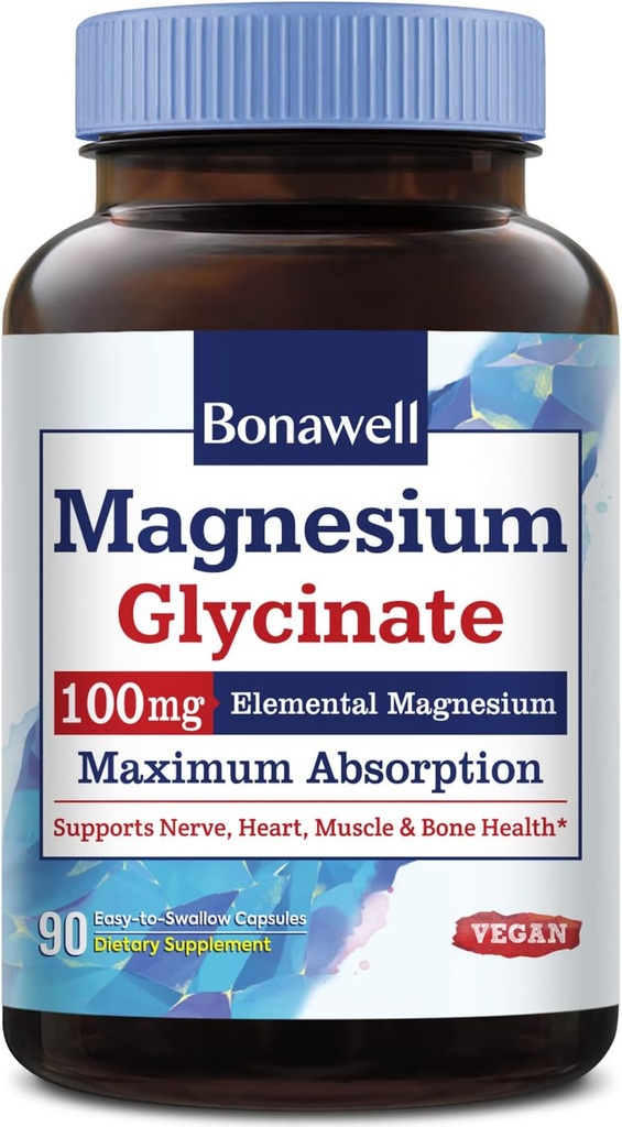 Bonawell Magnesio Glycinate, Integratore di Magnesio Chelato, Biodisponibilità Massima e Assorbimento, Senza Glutine, Magnesio Elementale 100mg, Nerve, Cuore, Salute Muscolare & Relax, 90 Capsule Vegan