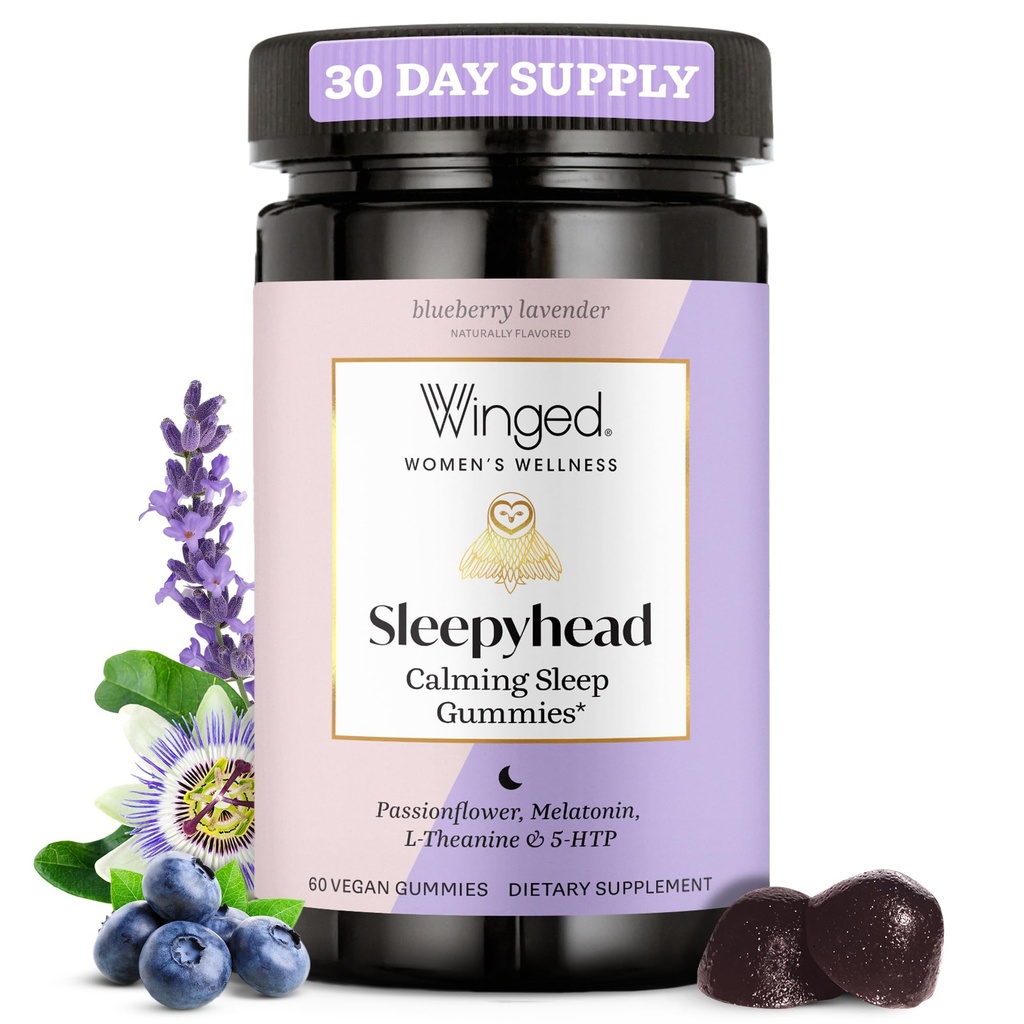 Winged Wellness Sleepyhead Natural Sleep Gummies für Damen - Prime Sleep Support Aid für Erwachsene mit 3mg Melatonin, L-Theanine, 5-HTP - Blueberry Lavender Flavored - 30 Servierungen