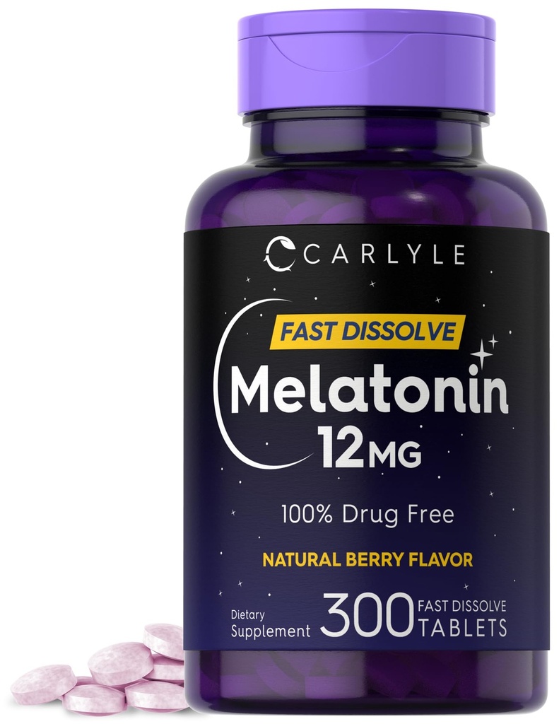 Carlyle Melatonin 12 mg Fast Dissolve 300 Tabletten | Drug Free | Natural Berry Flavor | Vegetarisch, Non-GMO, Glutenfrei
