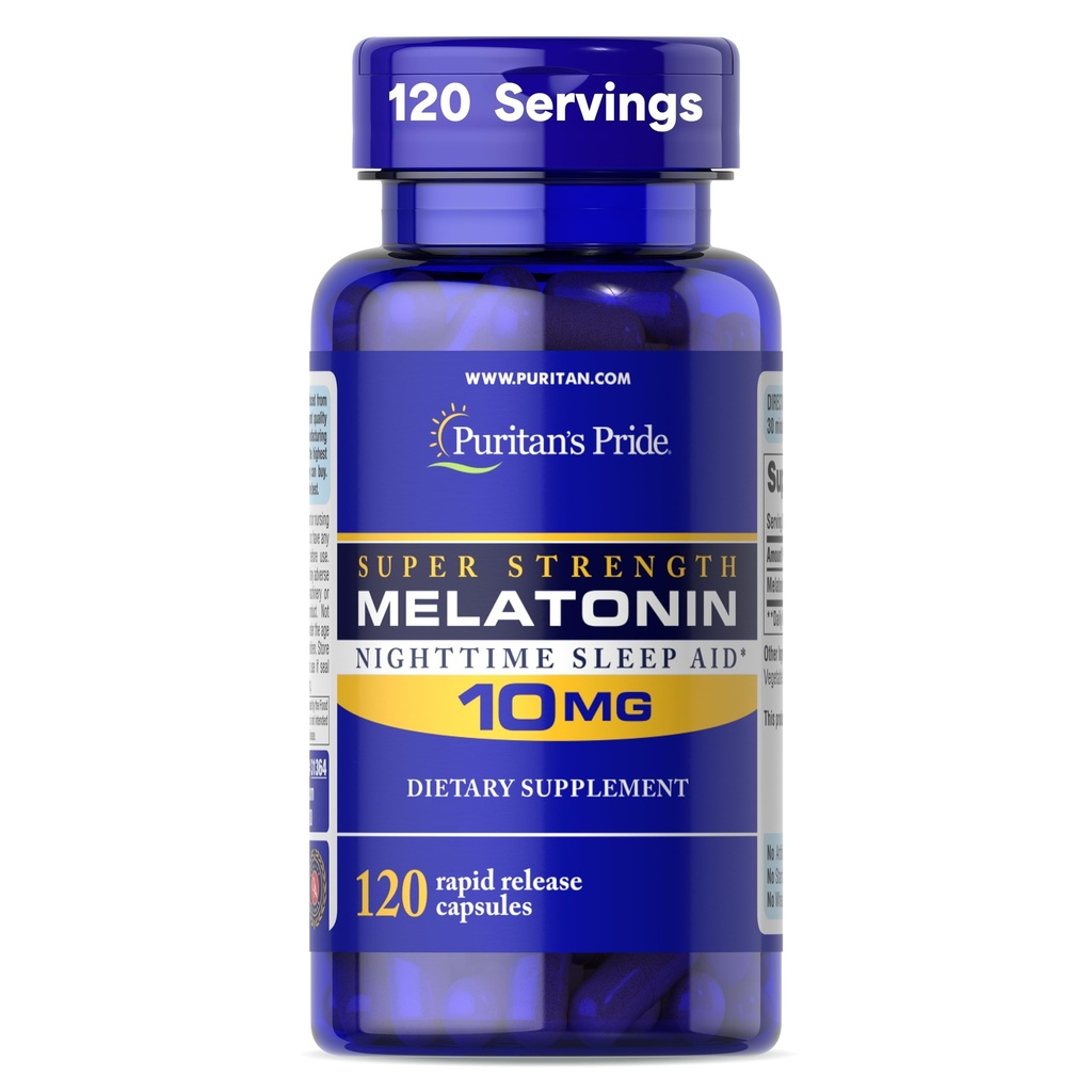 Puritan's Pride Premium Super Strength Melatonin 10mg Schlafhilfe, Nahrungsergänzung für Sound, Restauration und längere Schlafunterstützung, 4 Monate Versorgung, 120 Rapid Release Capsules (Packaging May Vary)