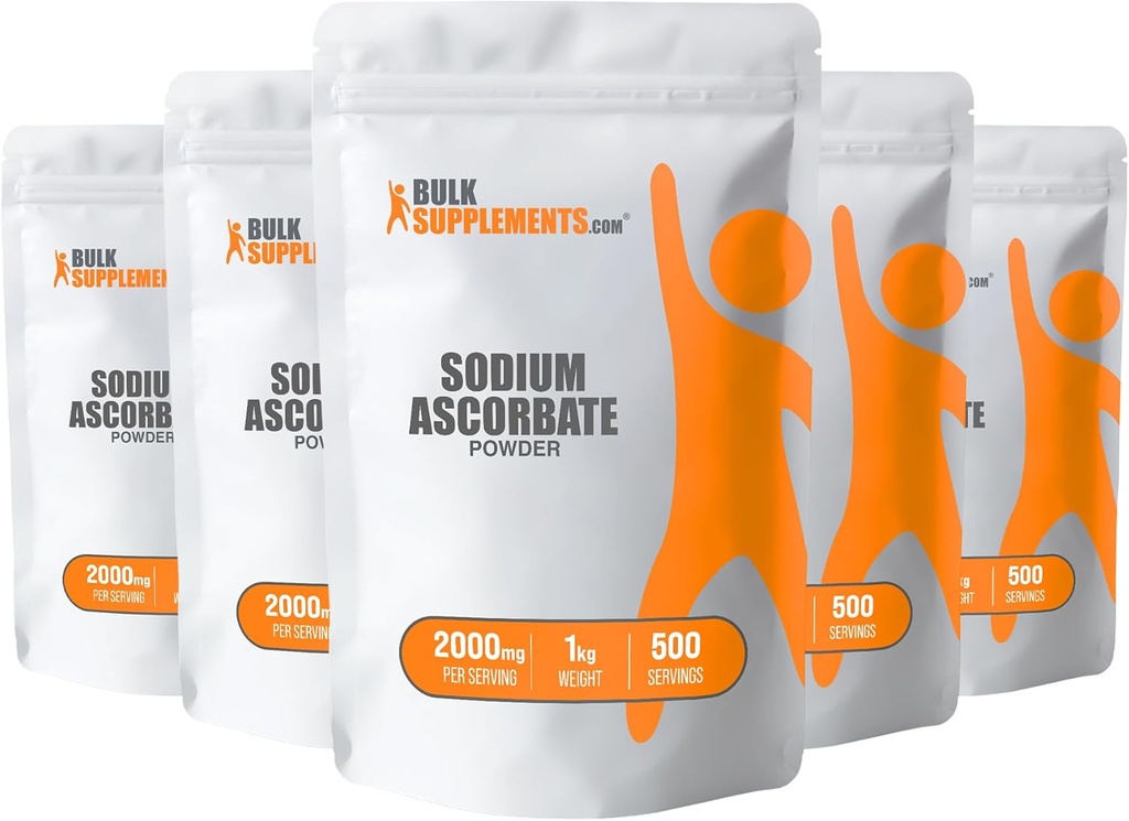 BulkSupplements.com Polvere di ascorbuto di sodio - per il supporto immunitario, vitamina C di ascorbato di sodio - vitamina C tamponata, senza glutine, 2000mg per porzione, 5kg (11 lbs) (pacchetto di 5)