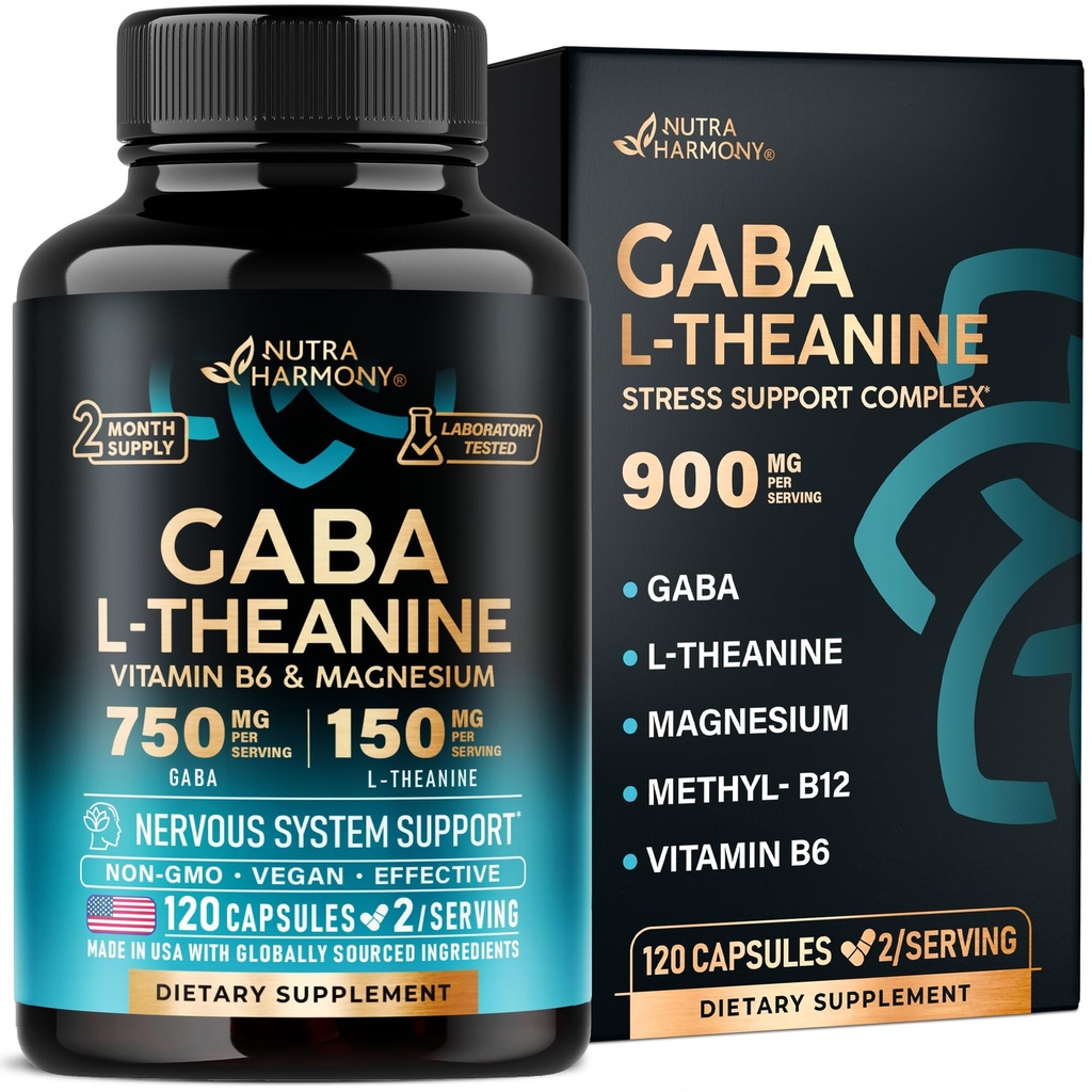 GABA L-Theanine 900 mg - Fabriqué aux États-Unis - Magnésium - Vitamine B6 - Calme, Sommeil, Relaxation et Support de l'humeur - 750 mg Gamma AminoAcide butyrique, 150 mg L-Theanine - Forme non-habitante, Vegan - 120 Capsules