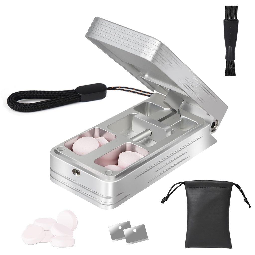 Pillenschneider für kleine und winzige Pillen, Professionelle Aluminium-Säulen-Spliter mit Auto-Centering-Gerät und 2 Ersatz-Edelstahl-Blätter, Tragbare Pille Splitter mit PU-Gehäuse (Silber)