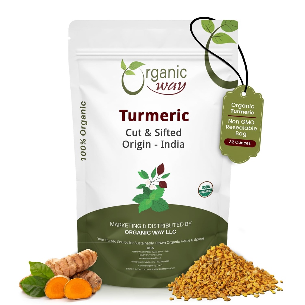 Organic Way Turmeric/Haldi Root Cut & Sifted (Curcuma Longa) - Kräutertee | Kosher & USDA Certified | Vegan, Non-GMO & Gluten Free | 100% Raw aus Indien (2LBS / 32Oz.)