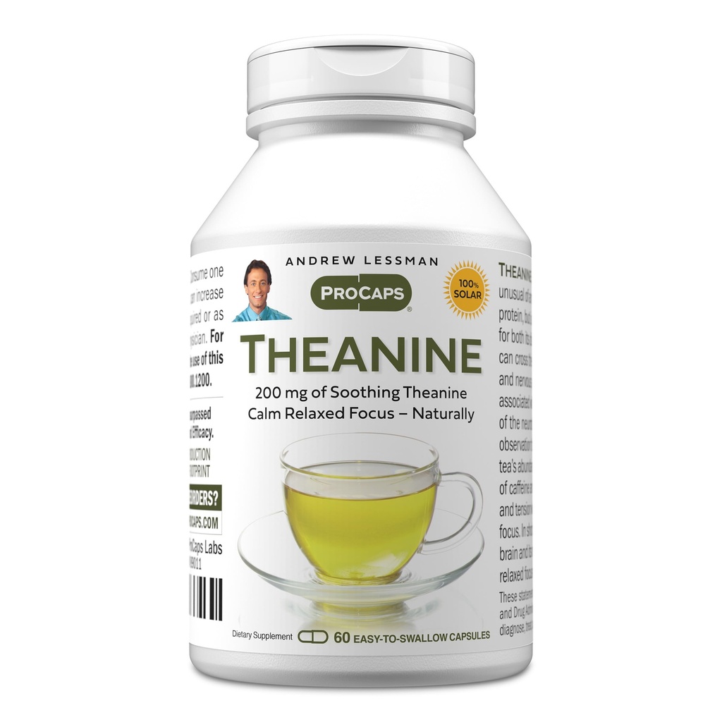 ERE LESSMAN Theanine 200 mg - 60 capsule - promuove la produzione dei neurotrasmettitori Dopamina e Serotonina. Naturale calma, messa a fuoco rilassata senza sonnolenza. Capsule facili da asporto.