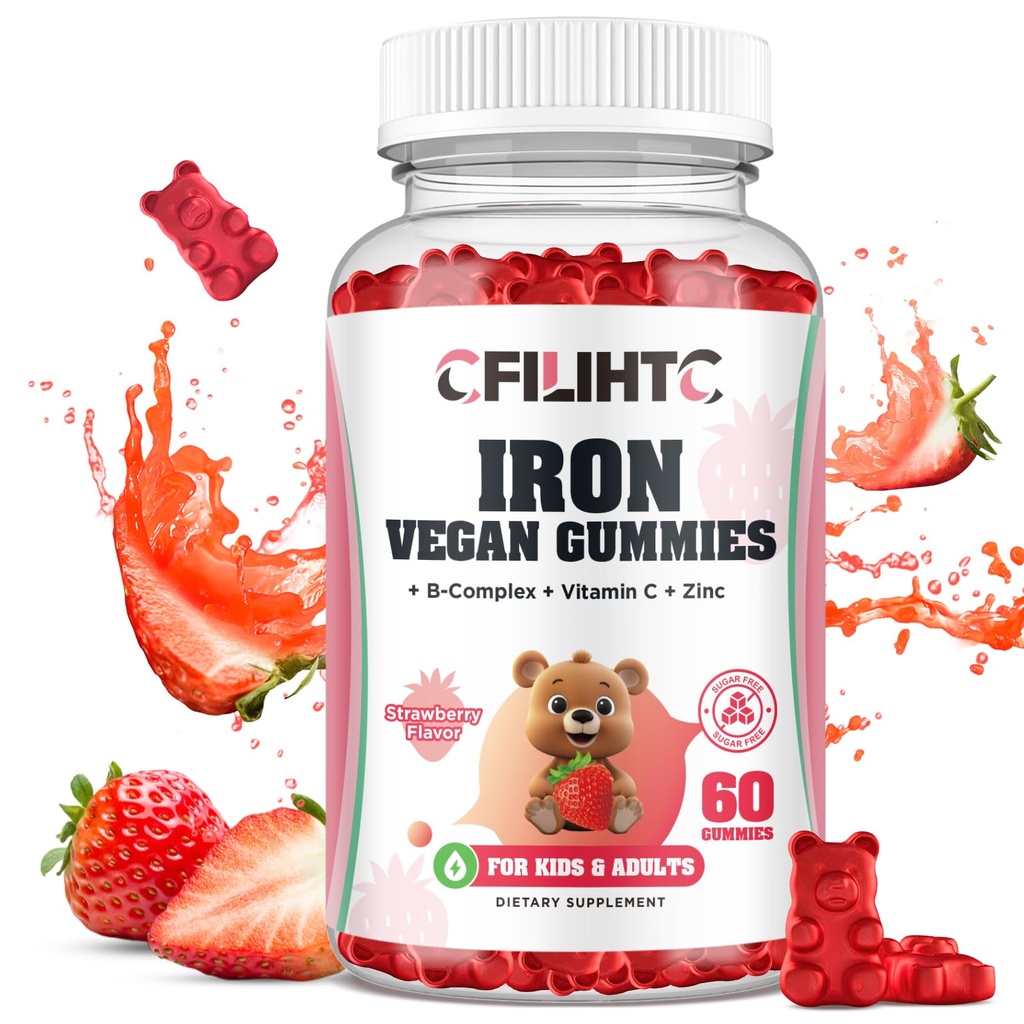 Eisengummis für Kinder, Frauen und Männer, Eisenergänzung mit Multivitamin - Vitamin B Complex, C, B6, B12, Folate, Zink für Anämie, Eisenmangel, Bluterzeuger, Energie - Erdbeeren Geschmack, Vegan 60ct