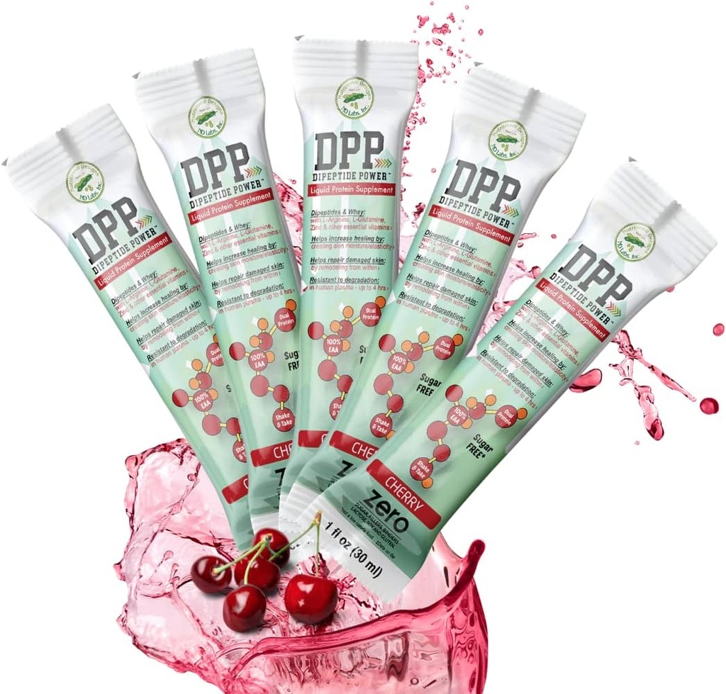 DPP Dipeptide Power Liquid Collagen & Whey Protein Supplement, Sugar-Free, Promuove la pelle sana & capelli per gli uomini e le donne, Ciliegia, Single Serve Packet, 1 oz (25 Packets)