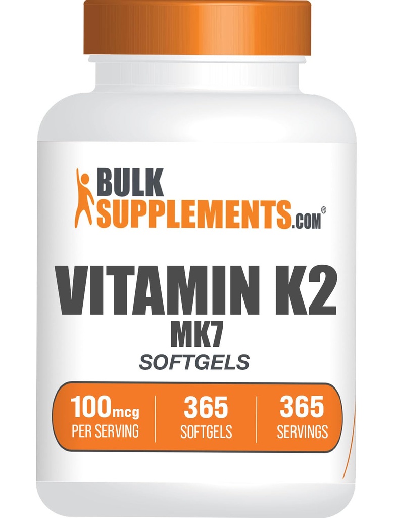 BulkSupplements.com Vitamine K2 Softgels - Vitamine K2 MK7, Suppléments vitaminiques - Sans gluten, 1 Softgel par portion, 365 Nombre (paquet de 1)