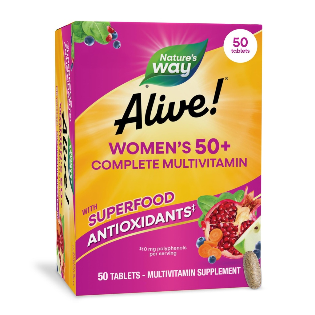 Nature's Way Alive! Women's 50+ Complete Multivitamines, Unterstützt gesundes Herz, Gehirn, Knochen*, Superfood Antioxidants(1), B-Vitamine, Glutenfrei, 50 Tabletten (Packaging May Vary)