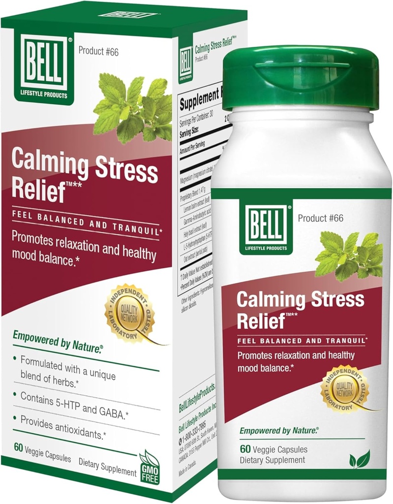 Bell Lifestyle Calming Stress Relief Herbal Blend con 5-HTP & GABA per il supporto e il relax dello stress, 60 capsule vegetali