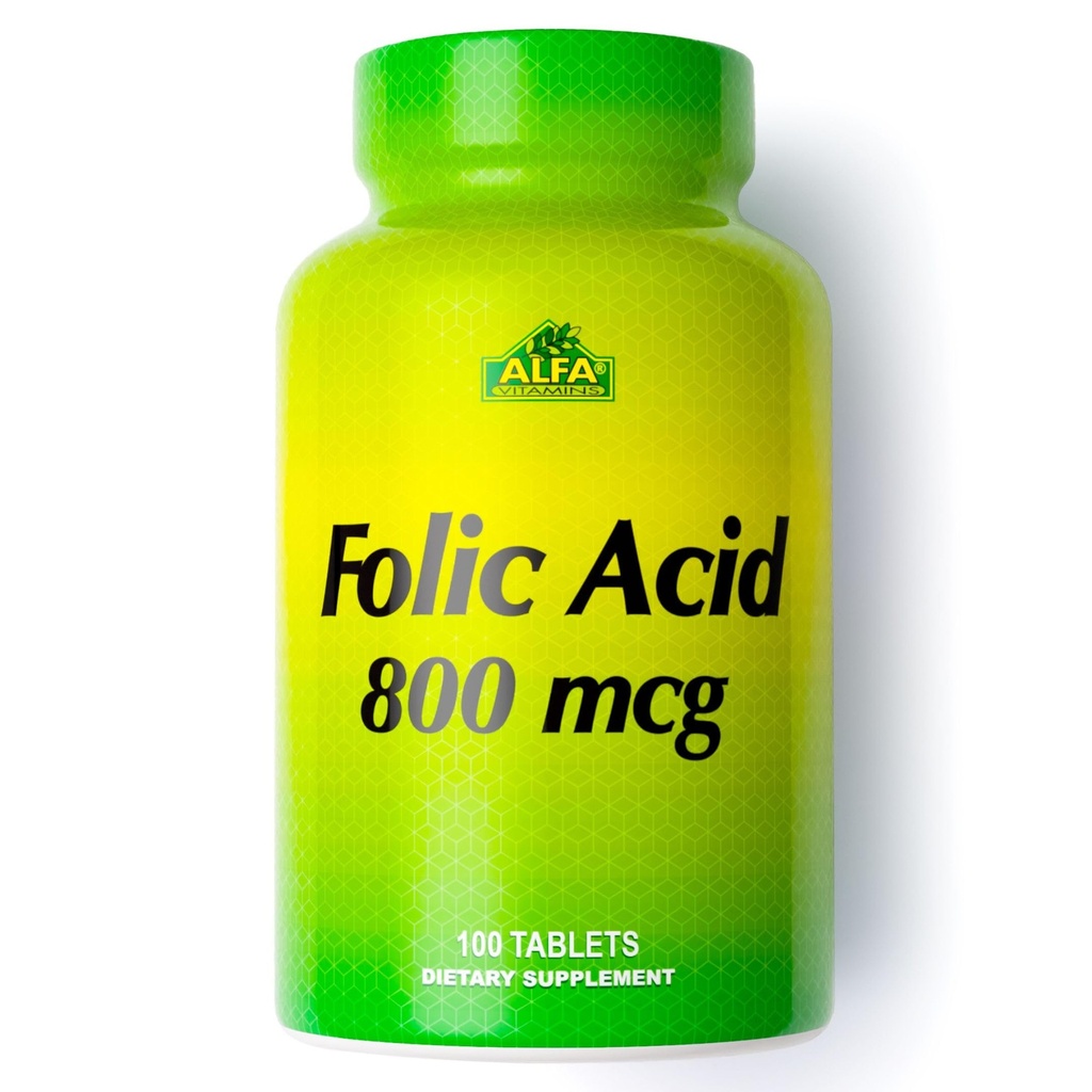 ALFA VITAMINS Acide folique 800 mcg Supplément prénatal, soutient la santé cardiovasculaire, les fonctions du corps et du cerveau, la formation de globules rouges et le développement foetal sain, supplément alimentaire, 100 comprimés