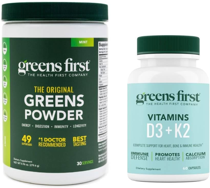 Greens First - Mint - 30 Portionen - Greens Powder Superfood, 49 Superfoods, 15+ Bio Obst & Gemüse, Dairy Free, Vegan & Non-GMO - 9.86 Unze und D3+K2 Vitamine, 60 Gemüsekapseln