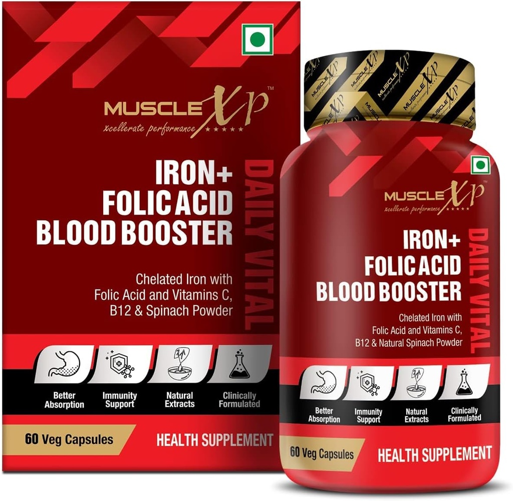 Eisen + Folsäure Himoglobin Booster Daily Vital, Chelat Eisen mit Folsäure & Vitamin C, B12 & natürliche Spinat Pulver, 60 Veg Kapseln