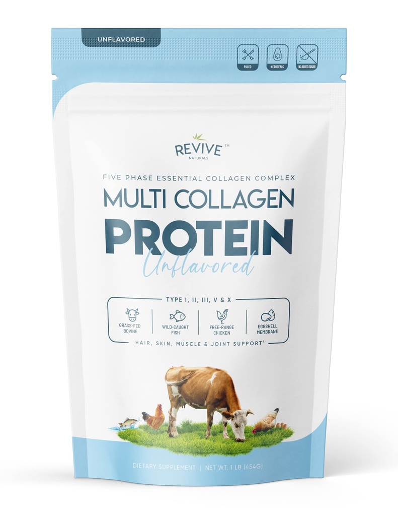 Multi Collagen Hydrolysed Protein Powder (16oz) - Typen I, II, III, V & X - Grass Fed Bovine (Peptan®), Wild Caught Marine, Free Roaming Chicken & Eggshell Collagen Peptides, Non-GMO, GF.