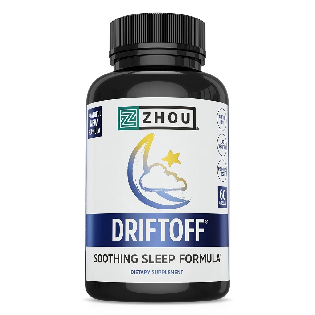 Zhou Driftoff - Natura Ispirato Sleep Aid, Valerian Root & Melatonin per il sonno per gli uomini e le donne, supplemento di sonno calmo per gli adulti con Gaba & Chamomile a Relax - 60 capsule vegetali