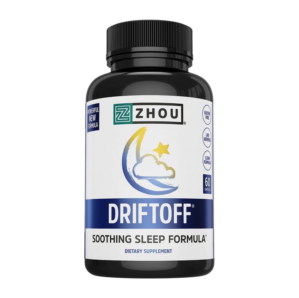 Zhou Driftoff - Nature Inspired Sleep Aid, Valerian Root & Melatonin pour le sommeil pour les hommes et les femmes, Supplément de sommeil calme pour les adultes avec Gaba & Camomile pour se détendre - 60 Capsules de Veggie