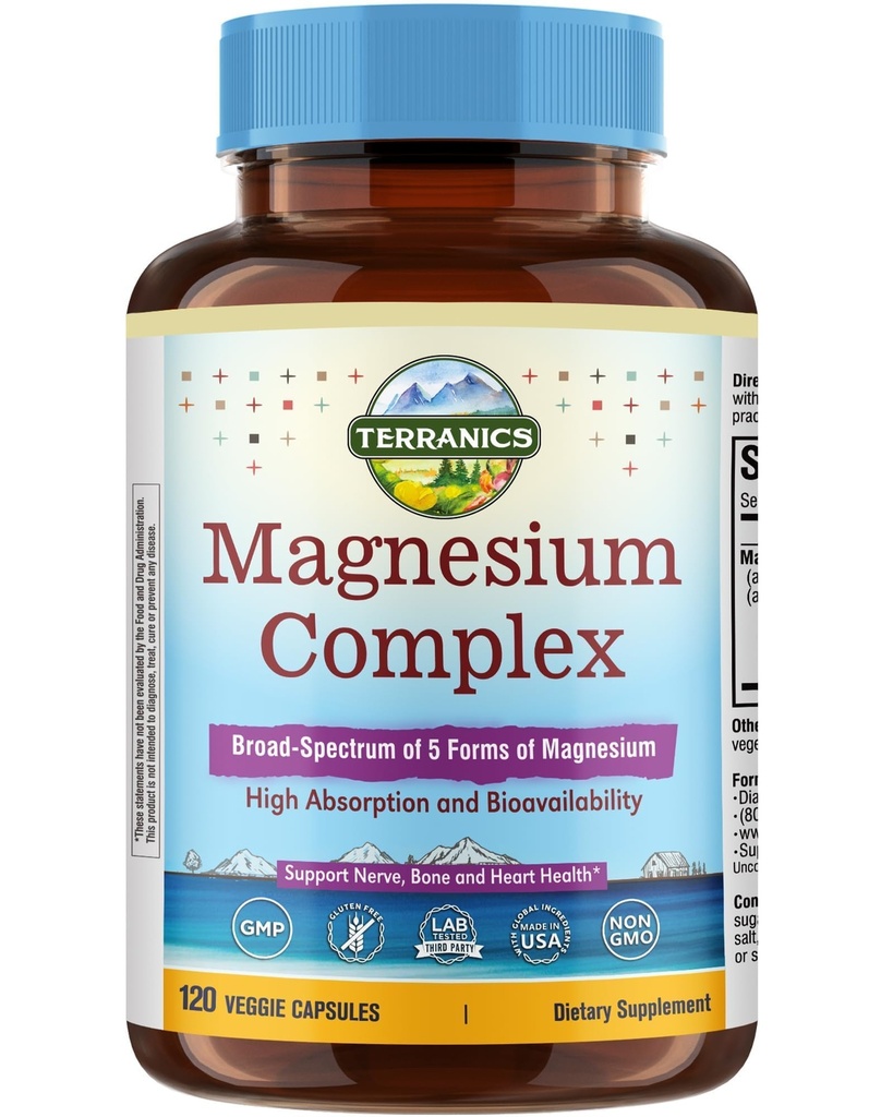 Terranics 5-en-1 supplément complexe de magnésium 500mg - 5 formes Haute absorption Magnésium glycinate Citrate de malate Gluconate pour la santé cardiaque du sommeil - Non-OGM 120 Capsules végétaliennes