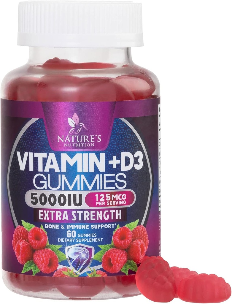 Vitamin D3 Supplement Gummy 5000 IU (125 mcg) Dietary Vitamins D for Men & Women - Bone, Teeth, Muscle and Immune Health Support, High Potency VIT D3 Nature's Non-GMO & Gluten Free - 60 Gummies