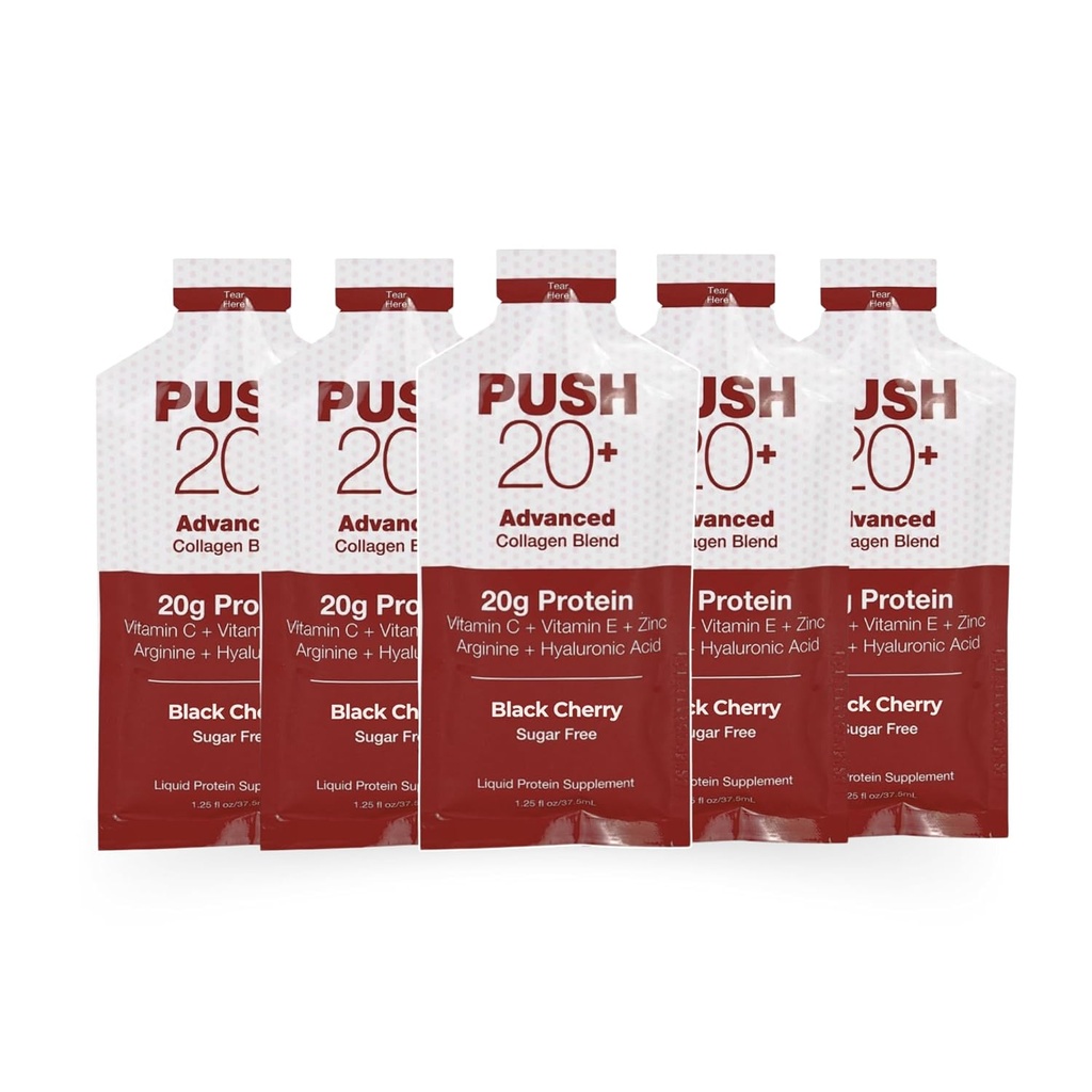 PUSH20+ Miscela di collagene avanzata - Proteine liquide 20g per 1.25 fl. oz - Sapore di ciliegia nera - Vitamina C, Peptidi di collagene, Acido ialuronico, Vitamina E & Miglior Collage Liquido di Essendo Well Essentials