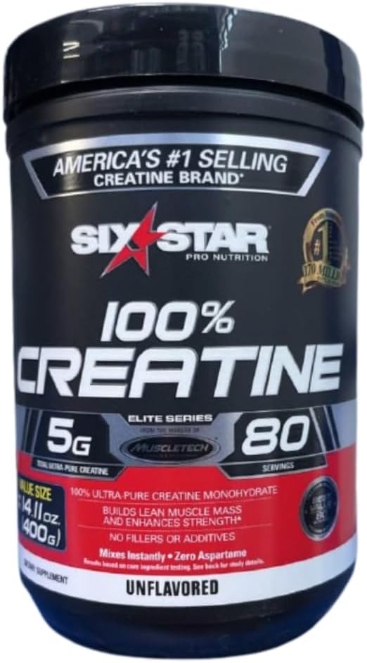 Sechs Sterne Kreatin Monohydrat Elite 100% Kreatin Monohydrat Pulver | Post Workout Muskel Erholung & Muskelaufbau | Mikronisierte Kreatin Pulver | Masse Gainer | Unflavored (80 Portionen)
