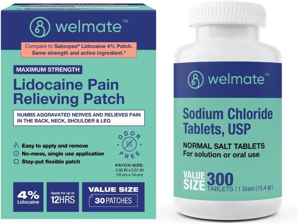 WELMATE Recovery Bundle: Natriumchlorid Tabletten, 300ct + 4% Lidocaine Numbing Patch 30 ct