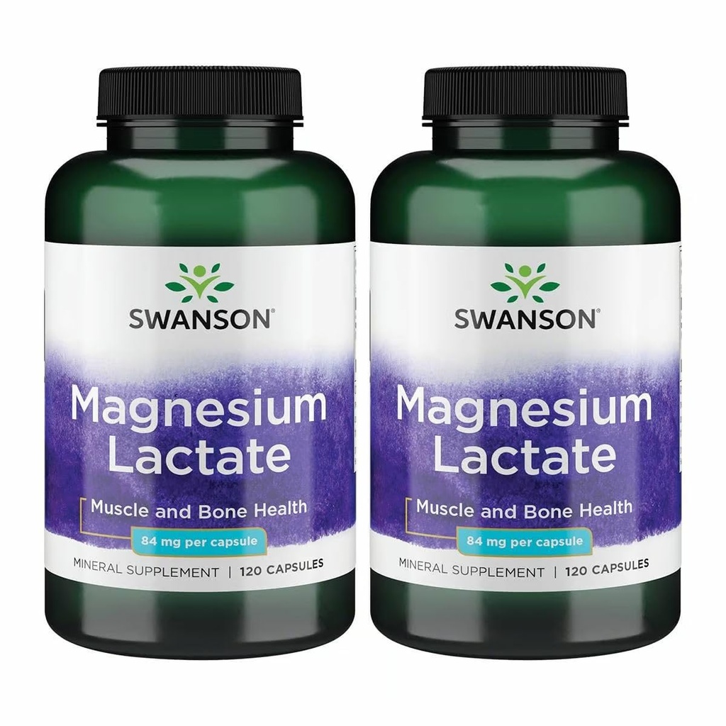 Swanson Magnesium Lactate - Mineralische Ergänzung Förderung Muskel- und Knochengesundheitsunterstützung - Lactosefreie Lactate Mineralform für gesunde Absorption - (120 Kapseln, 84mg Jeder) 2 Packung