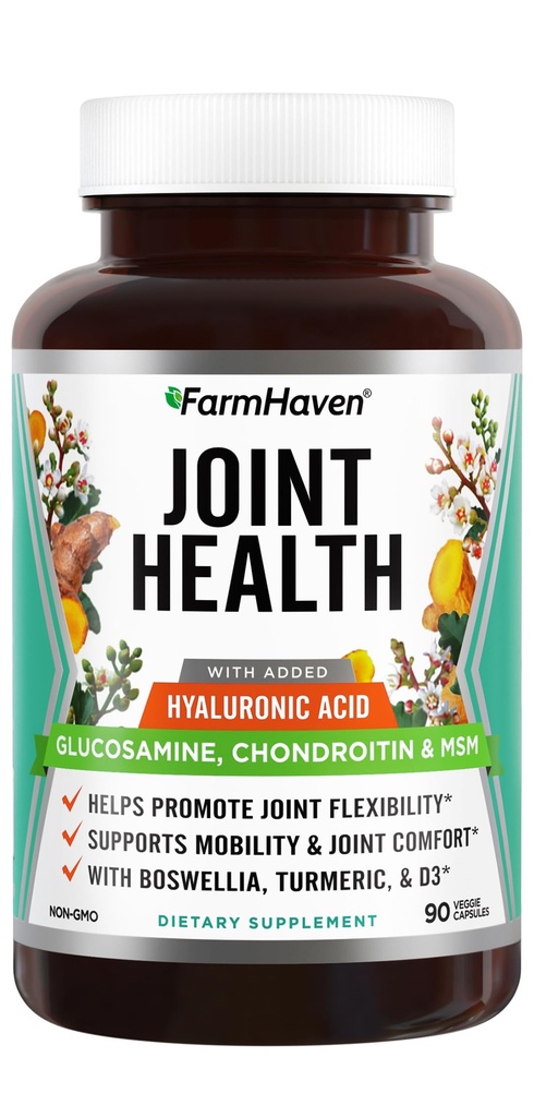 FarmHaven Glucosamine Chondroitin MSM con Boswellia, Turmeric| Aggiunto Acido Ialuronico & Vitamina D3 | Promuove Joint & Muscle Health & Inflammation Response | Non OGM & Gluten Free | 90 Capsule