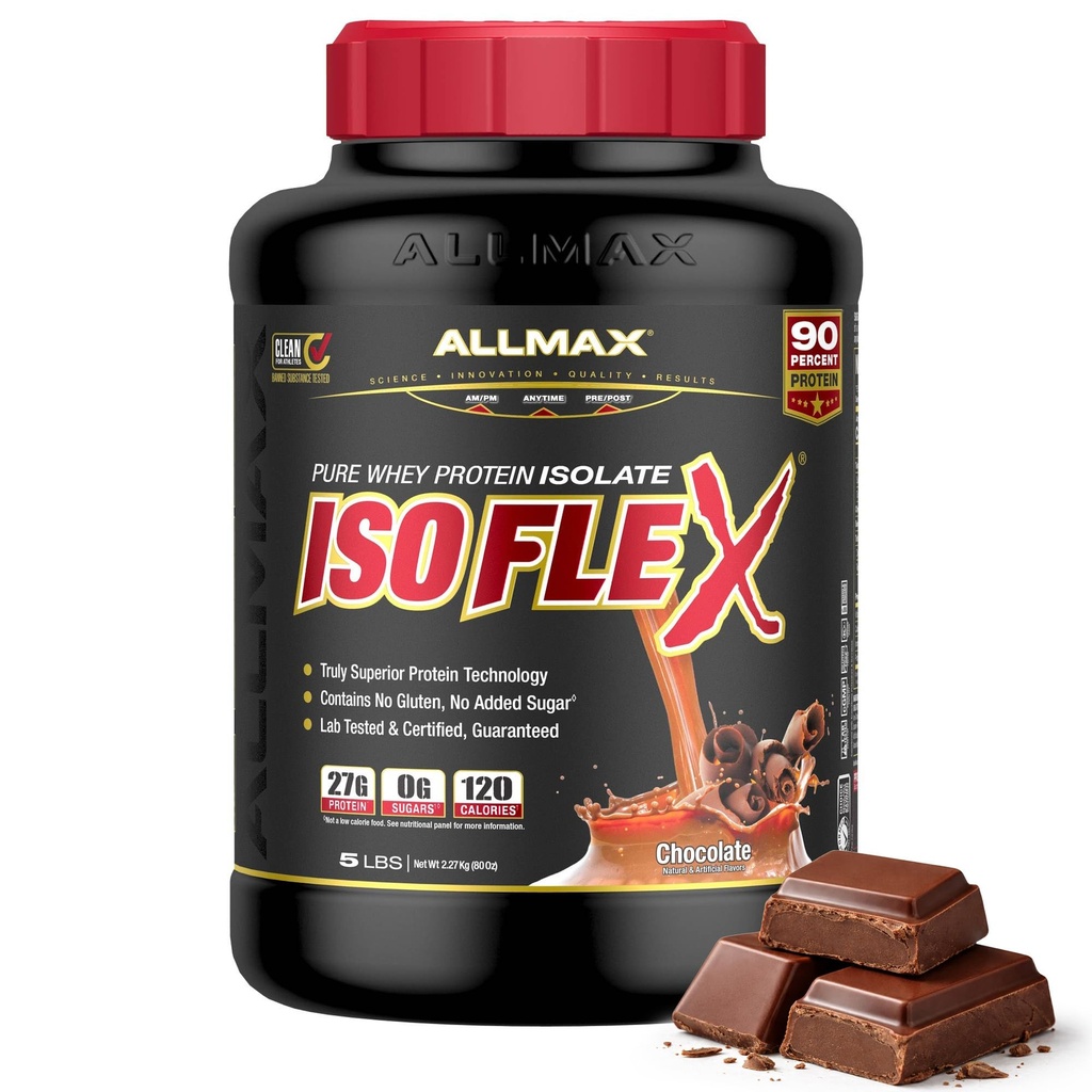 AllMAX Nutrition - ISOFLEX Poudre de protéines de lactosérum, isolat de protéines de lactosérum, 27g de protéines, chocolat, 5 livres