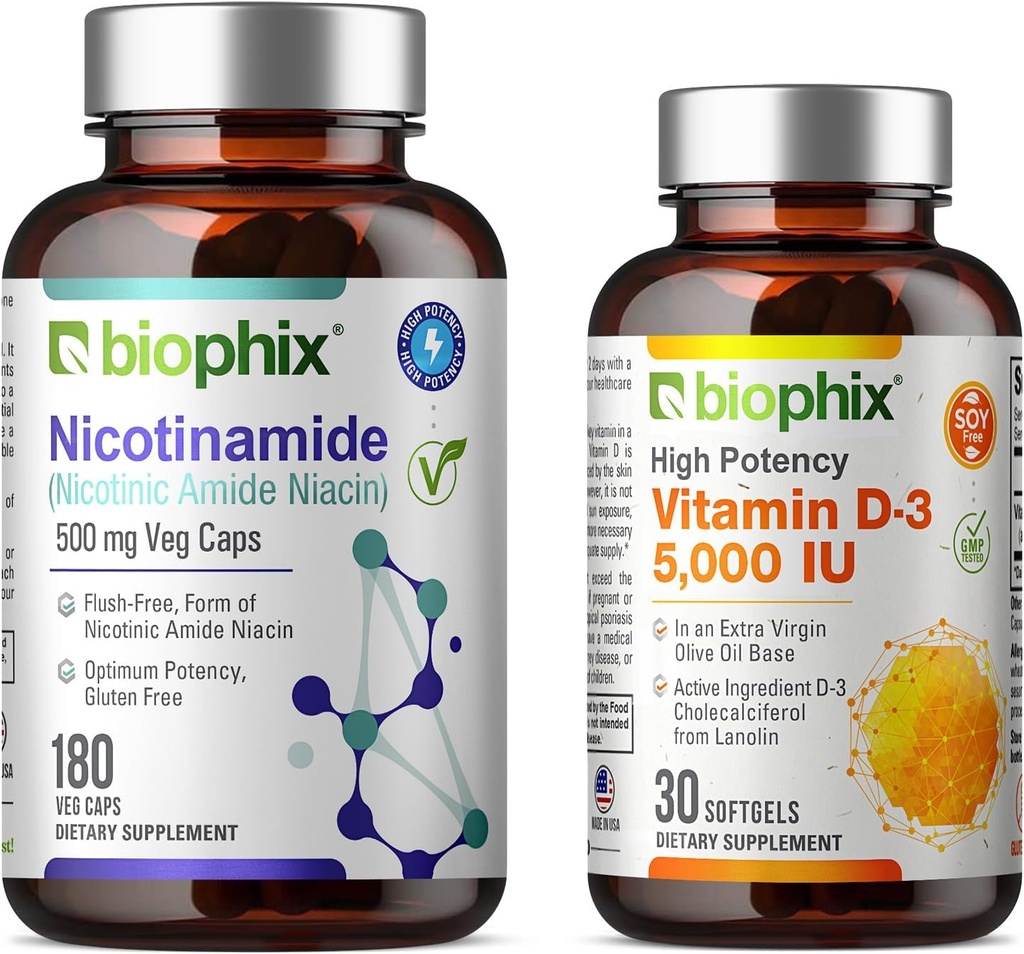 biophix B-3 Nicotinamide 500 mg 180 Vcaps Plus Free Vitamin D-3 5000 IU 30 Softgels - Nicotinic Amide Niacin Natural Flush-Free Vitamin Formula - Supports Skin Cell Health