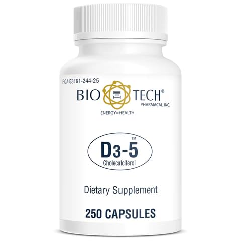Bio-Tech Pharmacal D3-5 (5000 UI), 250 Capsules – Supplément tout naturel – Soutient la santé osseuse et immunitaire – Pas de laiterie, poisson, gluten, arachide, mollusques et soja – Pas de couleurs artificielles