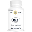 Bio-Tech Pharmacal D3-5 (5000 UI), 250 Capsules – Supplément tout naturel – Soutient la santé osseuse et immunitaire – Pas de laiterie, poisson, gluten, arachide, mollusques et soja – Pas de couleurs artificielles