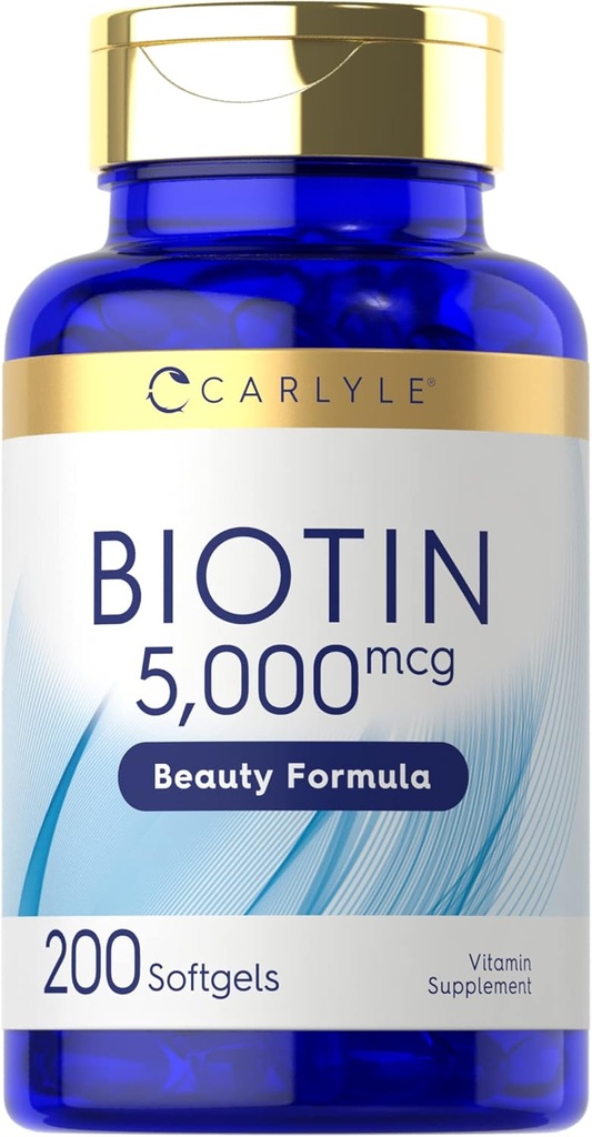Carlyle Biotin 5000mcg Softgels | 200 Count | Vitamine per Capelli e Unghie | Non OGM, Gluten Free Supplement