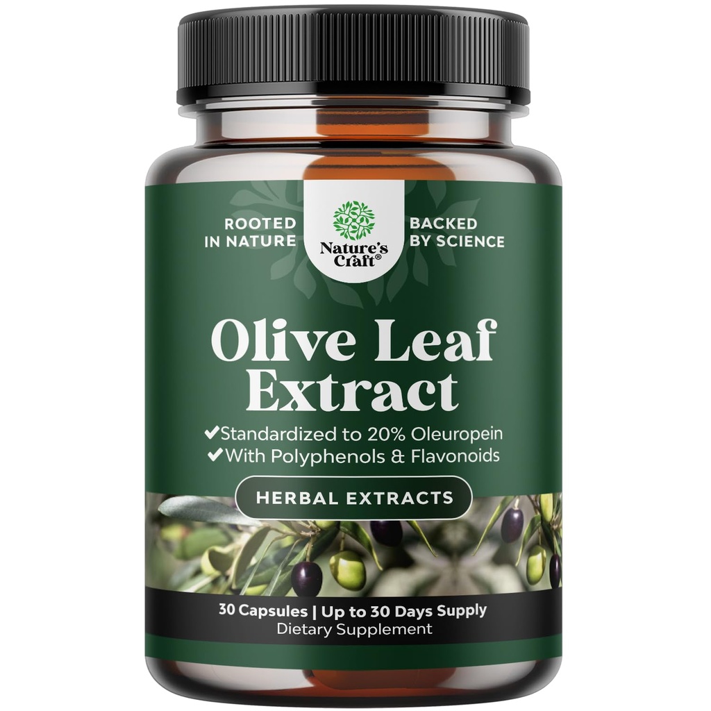 Potent Olive Leaf Extract Capsules - Supplément antioxydant à haute résistance avec Pure Olive Leaf avec 20% Oleuropein - Supplément santé cardiaque à base de plantes - Vegan Non-OGM & Sans gluten (1 mois d'approvisionnement)
