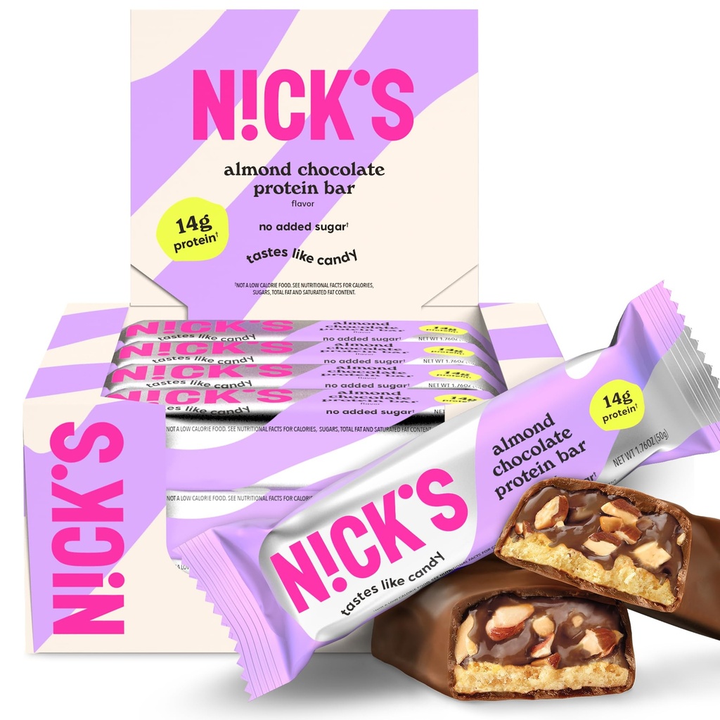 Nick's Protein Bars Chocolate | High Protein | Lowcalories | Low Carb Keto Friendly Snacks No Added Sugar (Multipack 12 bar x 50g) (12 Count (Pack of 1), Mandelschokolade)