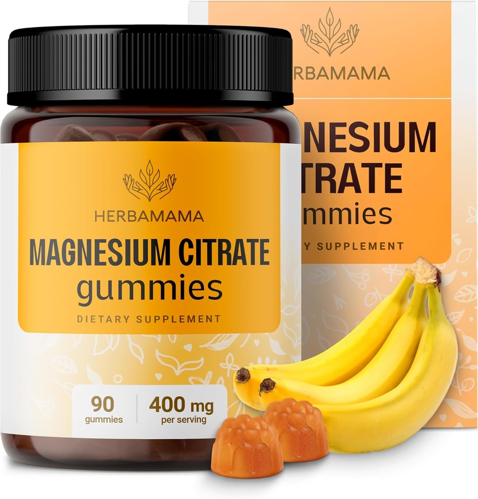 HERBAMA Calm Magnesium Gummi - 400mg Magnesium Citrat für Entspannungsunterstützung - Vegan, Non-GMO Calming Supplement für Erwachsene - 90 Pectin-Based Banana-Flavored Chews