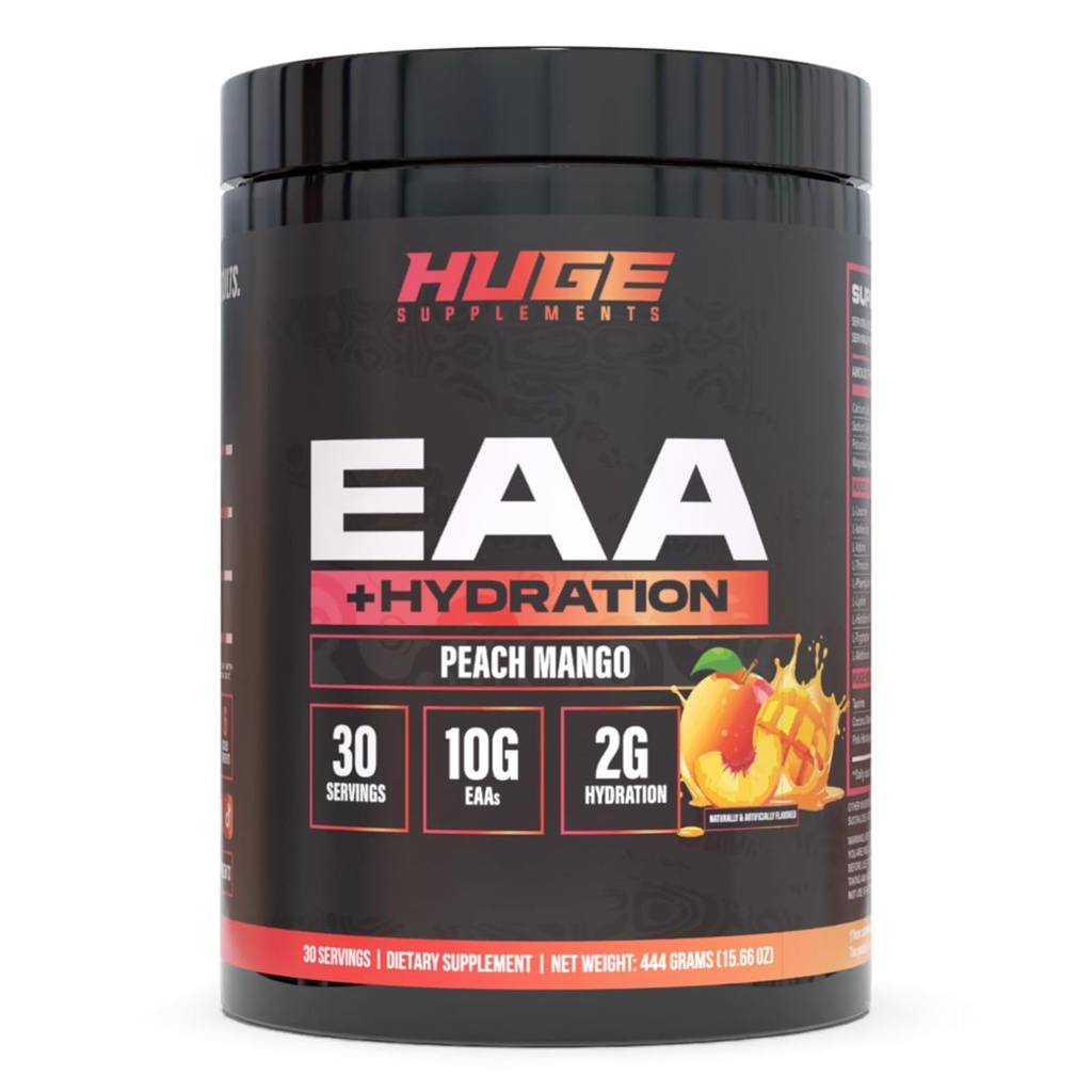 Énorme supplément EAA, poudre essentielle d'aminoacide la plus dosée, 12,8 g EAA et 8 g BCAA par portion, croissance musculaire, récupération et performance (Peach Mango)