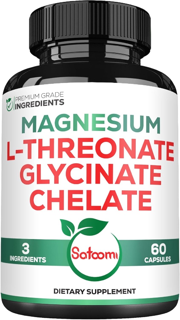 Satoomi 1200mg 3in1 Magnesium L-Threonat Ergänzung mit Glycinat & Chelate - 60 Vegan Kapseln